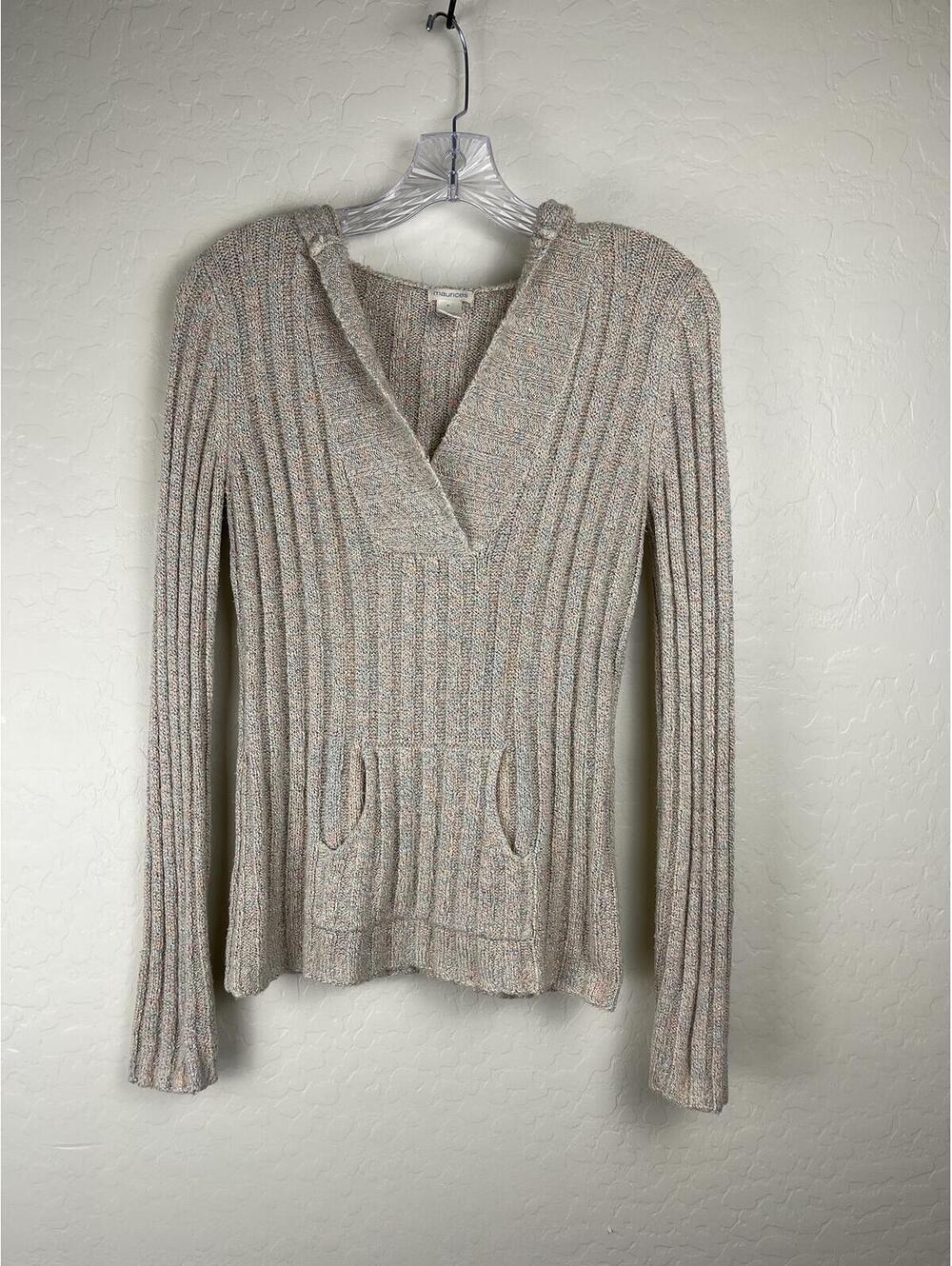 Maurices Medium Beige Speckled Ribbed Knit Hoodie Sweater